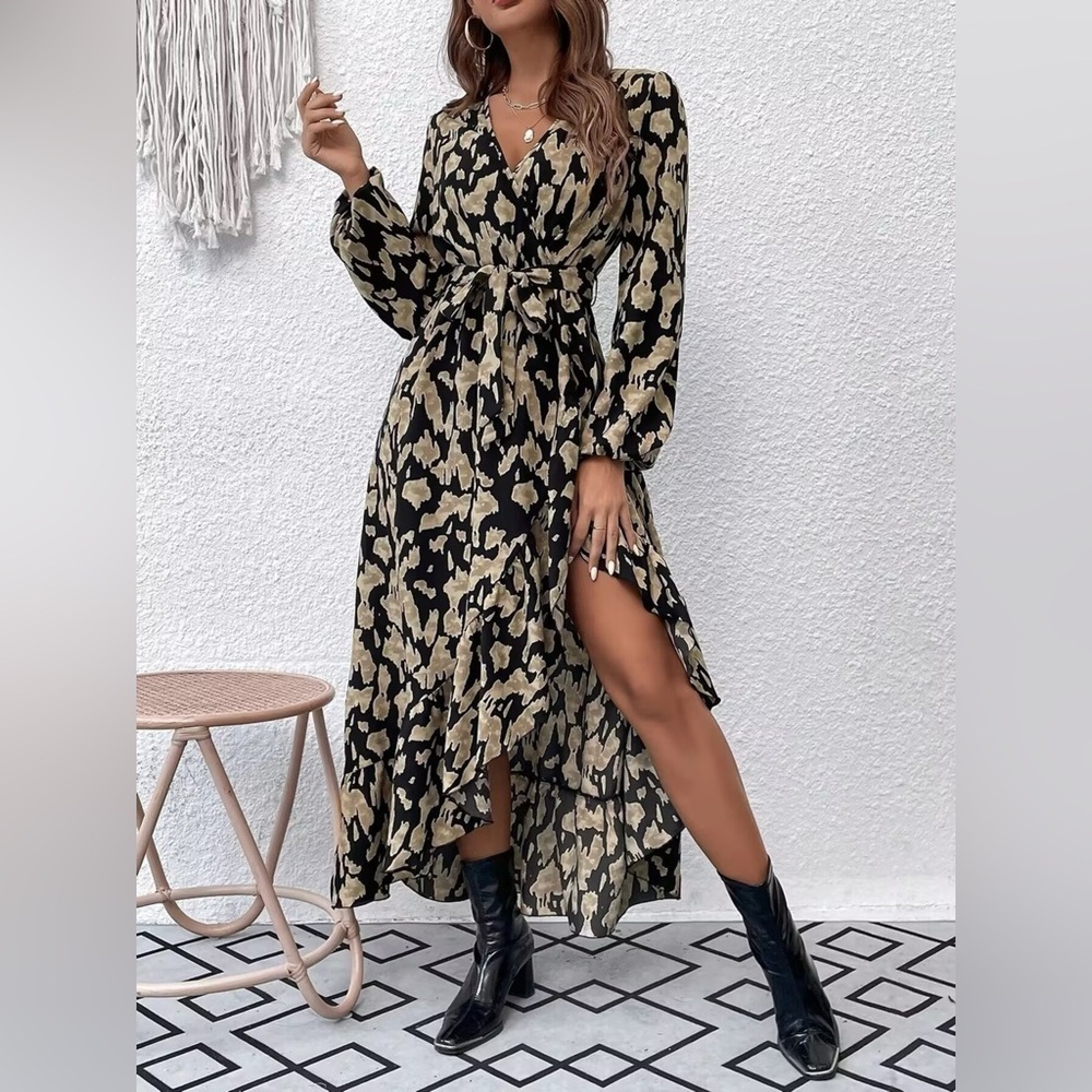 Leopard Surplice Balloon Sleeve Dress
